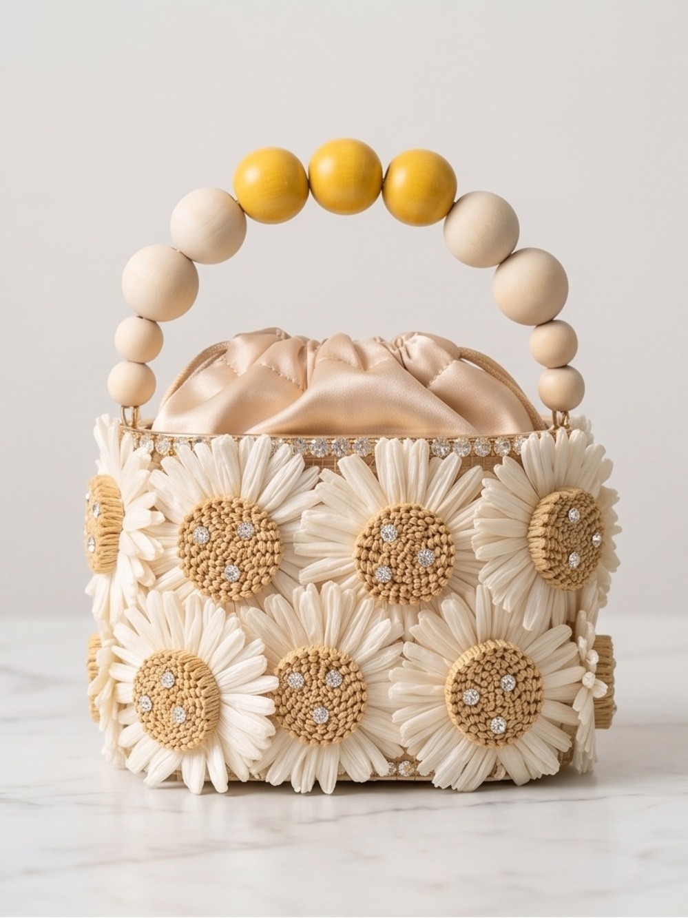Mini Floral Beaded Drawstring Bag in Cream and Yellow - Picture 3 of 14